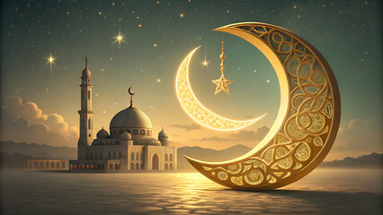 Ramadan Mubarak design on Islamic background with gold ornament star, moon, mosque, lanterns and islamic elements. Suitable for raya and ramadan template concept.