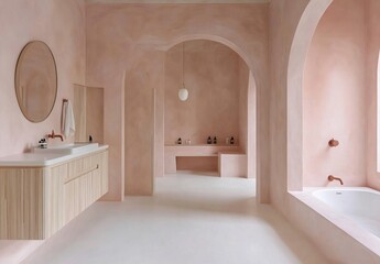 A modern pink-themed bathroom with a luxurious bathtub, featuring elegant interior design that creates a soothing and stylish atmosphere.