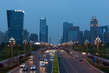 Naklejka premium Night view of Century City section, Tianfu Avenue, Chengdu, Sichuan, China