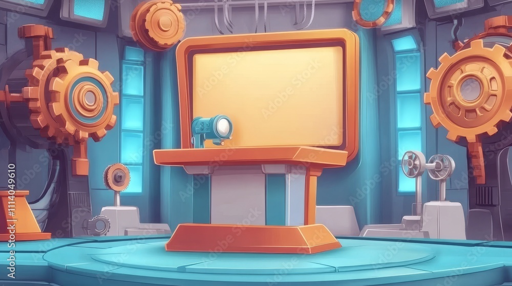 Poster a futuristic presentation stage with gears and a blank screen for displaying content.
