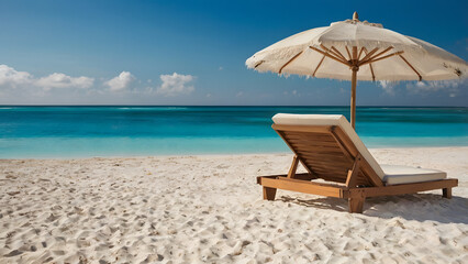 A beach chair is sitting on the sand next to an umbrella. The umbrella is open and the chair is facing the ocean. The scene is peaceful and relaxing, with the sound of waves in the background