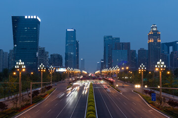 Fototapeta premium Night view of Century City section, Tianfu Avenue, Chengdu, Sichuan, China