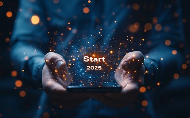 A hand is touching to a blue virtual screen with the words "Start New Year"