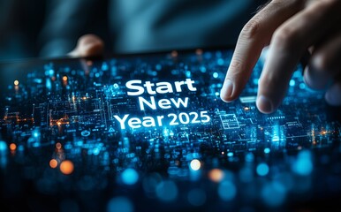 A hand is touching to a blue virtual screen with the words "Start New Year"