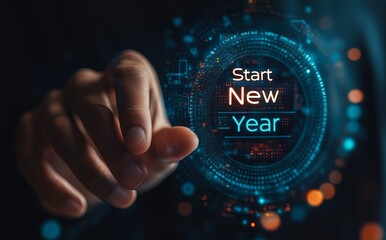 A hand is touching to a blue virtual screen with the words "Start New Year"
