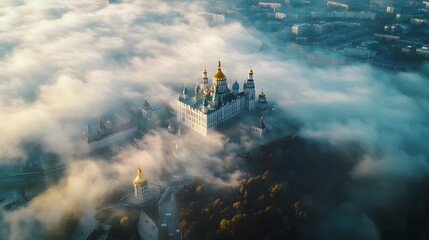 Fototapeta premium Mysterious fog envelops towering city