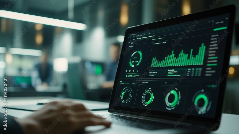 Poster a laptop displaying data analytics and graphs in a modern office setting.