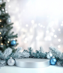 Fototapeta premium Silver round pedestal on a white surface, decorated by silver and blue christmas balls and pine branches, blurred background with Christmas tree and lights