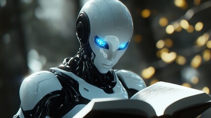 Fototapeta premium robot reading a book in a serene forest setting