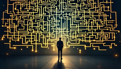 A businessman stands facing a complex pattern. It symbolizing challenges and decision-making in professional life and business too