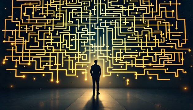 A businessman stands facing a complex pattern. It symbolizing challenges and decision-making in professional life and business too