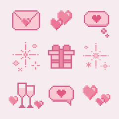 illustration isolated pixel icons for love concept. Retro, 8 bit, pastel arcade game style.Letter, heart, present, gift, champagne, dialogue, sparkle. For game, mobile app,scrapbook, graphic