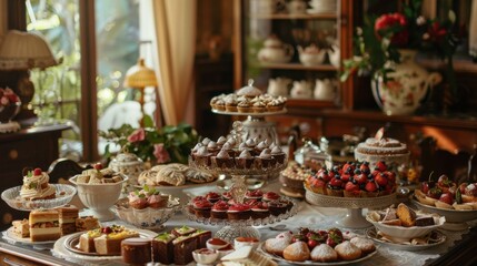 Naklejka premium Celebration of International Dessert Day with an array of treats and sweets displayed elegantly in a cozy setting