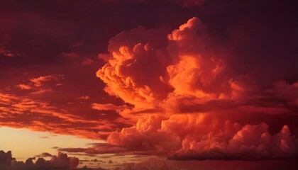 Dramatic red clouds swirling in a fiery sky, creating an intense and vivid atmosphere