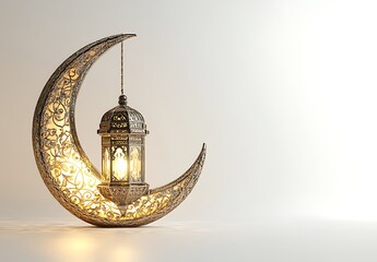 Ornate Crescent Moon Lamp, Perfect for Ramadan. A beautiful, 3D rendered image of an intricately designed crescent moon-shaped lamp, adorned with intricate Islamic patterns.