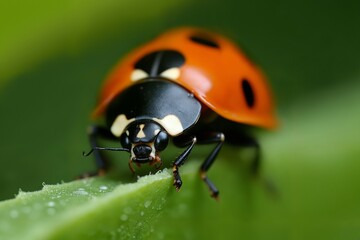A vibrant red and black ladybug perched atop a green leaf with water droplets glistening on, Macro Photography
