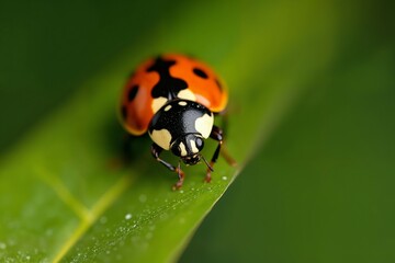 Fototapeta premium Red and black ladybug perched atop a lush green leaf on a blurred green background, Macro Photography