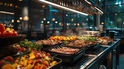 Obraz premium Buffet display with a variety of grilled dishes and vegetables