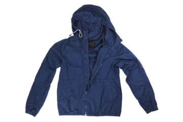 Jacket isolated on white background.Mens blue jacket in a hood isolated on a white background. Windbreaker jacket. Casual style.