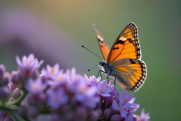 Obraz premium A vibrant orange and black butterfly perched atop a purple flower, Macro Photography