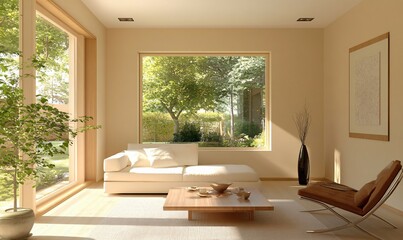 A modern living room with a stylish sofa and large floor-to-ceiling windows, offering a scenic view of lush trees and a serene park outside.