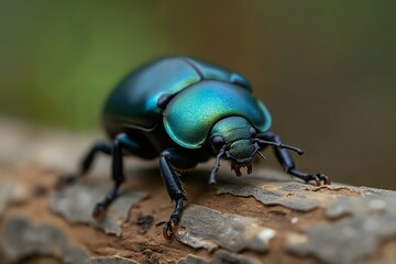 Vibrant Green Jewel Scarab Beetle Close-Up on Bark Macro Photography