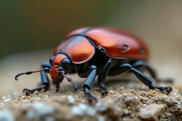 A vibrant red and black beetle perched atop a sandy ground, Macro Photography - Powered by Adobe