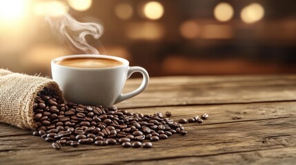 steaming cup of coffee beside spilled beans