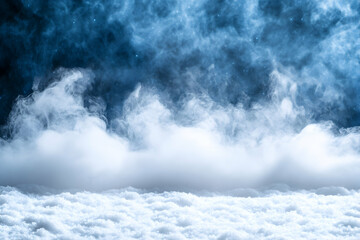 Obraz premium Mystical winter scene ethereal smoke billows over a pristine snowdrift against a deep blue, starlit sky. Perfect for fantasy, winter, or Christmas designs.