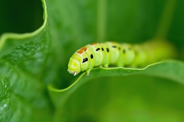 a close-up of a green caterpillar on a leaf with water droplets, Macro Photography
