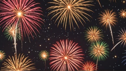 Fototapeta premium This vibrant image captures the excitement and beauty of a fireworks display against a dark night sky. The colorful explosions of light create a breathtaking spectacle, perfect for celebrating special
