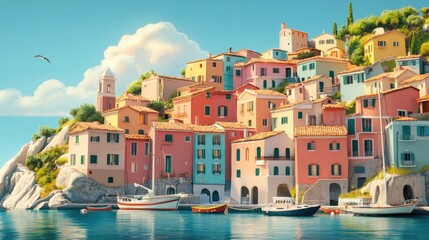 Obraz premium Colorful coastal village nestled on a hillside overlooking a calm sea with boats.