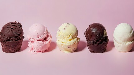 Five ice cream scoops in waffle cups; chocolate, strawberry, vanilla, and more. Perfect for dessert menus, summer promotions, or ice cream shop advertising.