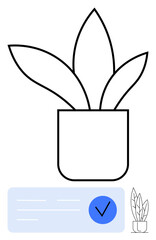 Potted plant with three overlapping leaves, adjacent text box with checkmark, small potted plant icon. Ideal for organization, productivity, task management, growth, minimalism, nature wellness