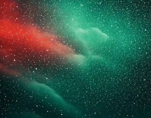 Fototapeta premium Green background with scattered white dots of varying sizes, creating an abstract snow effect, under dramatic red clouds