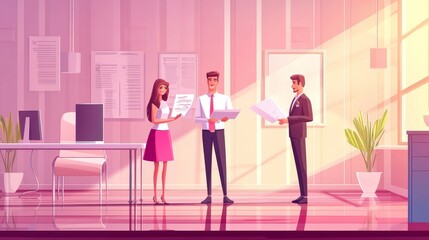 Three professionals discussing documents in a modern office setting with bright lighting.