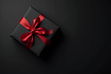 Gift box wrapped in black paper with red ribbon on black surface. Top view with copy space