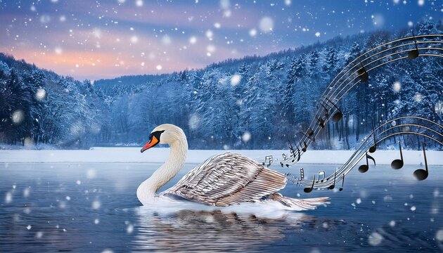 cygne qui s envole compose de notes de musique sur un fond de lac en hiver