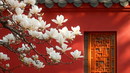 Red wall of ancient Chinese building and blooming white magnolia