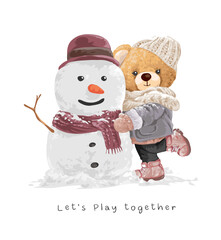 play together slogan with bear doll and snowman vector illustration