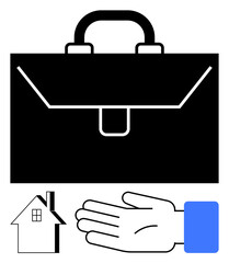 Black briefcase, open palm, small house. Ideal for business, real estate, insurance, corporate, home finance work-life balance. Line metaphor