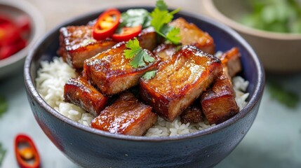 Fototapeta premium Savory Glazed Pork Belly Served Over Steamed White Rice Bowl