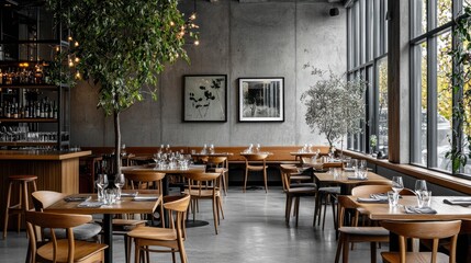 Modern Restaurant Interior Design with Wooden Tables and Chairs