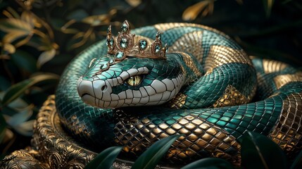 Fototapeta premium Regal Green Snake Adorned with Jeweled Crown in Lush Jungle Setting