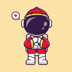 Cute Astronaut Chinese Greeting Cartoon Vector Icon 
Illustration. Science Holiday Icon Concept Isolated Premium 
Vector. Flat Cartoon Style 