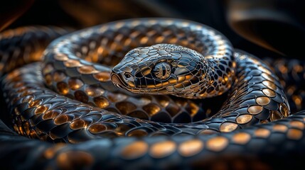 Fototapeta premium Close-Up of a Futuristic Metallic Snake With Intricate Detailing and Reflective Scales
