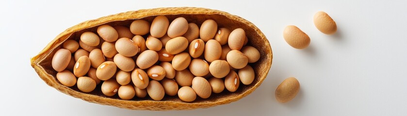 Organic legume pod brimming with light brown beans, a vibrant display of nature's bounty.