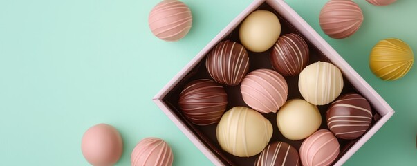 Obraz premium A closeup of handcrafted chocolates nestled in a vintage candy box, surrounded by pastelcolored wrappers, 3D render