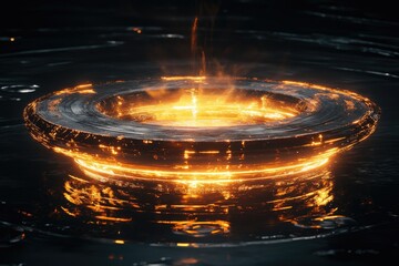 Glowing Disc Floating On Dark Water Surface