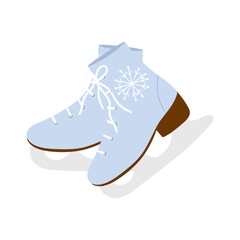 Colorful elegant women's pair of skates. Figure skating blue boots, laced shoes with blade. Skaters footwear for winter rink sport. Flat vector illustration isolated on white background.